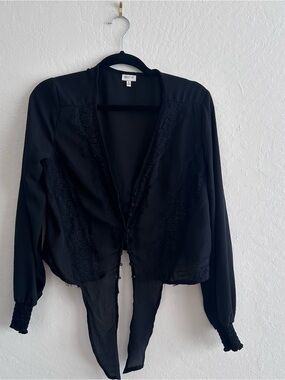 Whimsygoth Alt Black Lace Tie-Front Long-Sleeve Women's Top